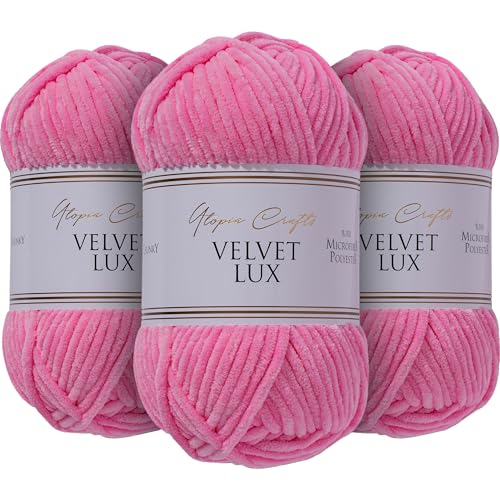 Utopia Crafts Velvet Lux Chenille, superweiches, grobes Garn zum Stricken und Häkelgarn, 3 x 100 g (Tulpenrosa) von Utopia Crafts