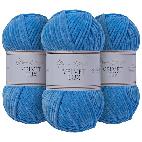 Utopia Crafts Velvet Lux Chenille, superweiches, grobes Garn zum Stricken und Häkeln, 3 x 100 g, Himmelblau von Utopia Crafts