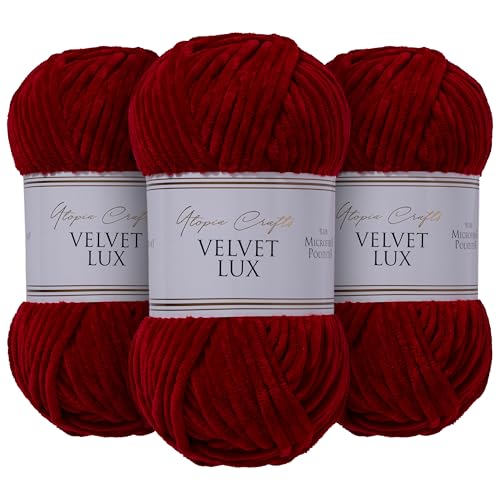 Utopia Crafts Velvet Lux Chenille, superweiches, grobes Garn zum Stricken und Häkeln, 3 x 100 g (Dark Scarlet) von Utopia Crafts