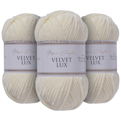 Utopia Crafts Velvet Lux Chenille, superweiches, grobes Garn zum Stricken und Häkeln, 3 x 100 g (Elfenbein) von Utopia Crafts