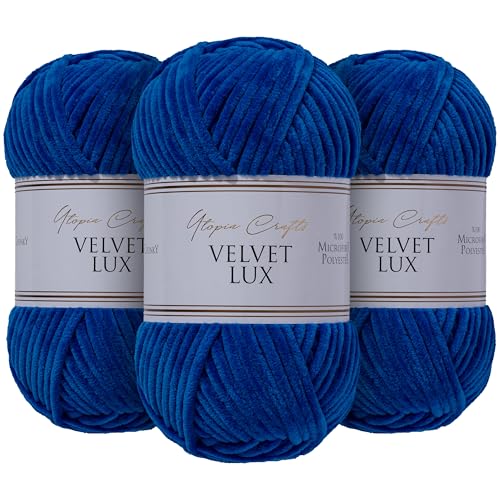 Utopia Crafts Velvet Lux Chenille, superweiches, grobes Garn zum Stricken und Häkeln, 3 x 100 g (Marineblau) von Utopia Crafts