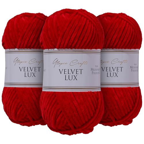 Utopia Crafts Velvet Lux Chenille, superweiches, grobes Garn zum Stricken und Häkeln, 3 x 100 g (rot) von Utopia Crafts