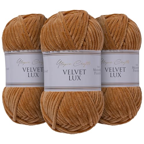 Utopia Crafts Velvet Lux Chenille, superweiches, grobes Garn zum Stricken und Häkeln, 3 x 100 g (warmes Braun) von Utopia Crafts