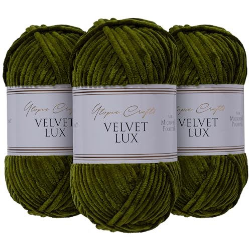 Utopia Crafts Velvet Lux Chenille, superweiches grobes Garn zum Stricken und Häkelgarn, 3 x 100 g (Dark Olive) von Utopia Crafts