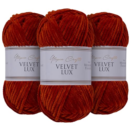 Utopia Crafts Velvet Lux Chenille, superweiches grobes Garn zum Stricken und Häkelgarn, 3 x 100 g (Dunkelorange) von Utopia Crafts