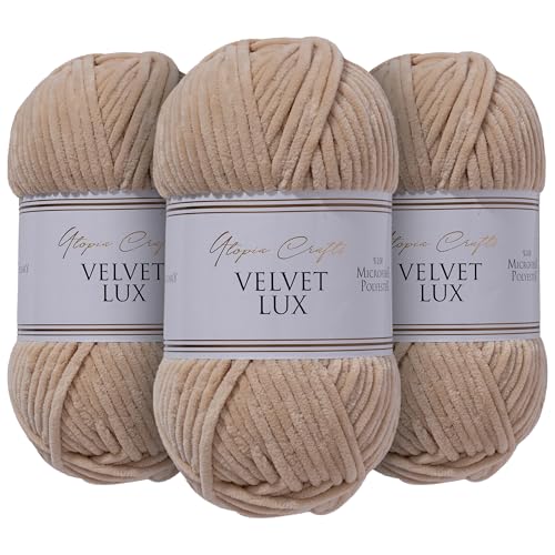Utopia Crafts Velvet Lux Chenille, superweiches grobes Garn zum Stricken und Häkelgarn, 3 x 100 g (Pastellbraun) von Utopia Crafts