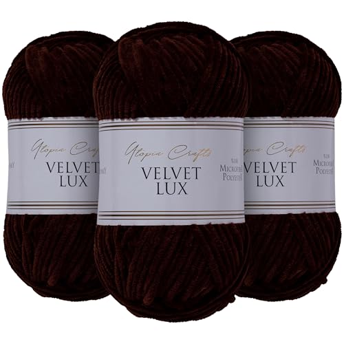 Utopia Crafts Velvet Lux Chenille, superweiches grobes Garn zum Stricken und Häkeln, 3 x 100 g (Dunkelbraun) von Utopia Crafts