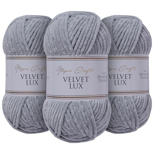 Utopia Crafts Velvet Lux Chenille, superweiches grobes Garn zum Stricken und Häkeln, 3 x 100 g (Grau) von Utopia Crafts