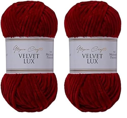 Utopia Crafts Velvet Lux Chenille-Garn, superweich, grob, zum Stricken und Häkeln, 100 g – 110 m, Dunkles Scharlachrot (Packung mit 2) von Utopia Crafts