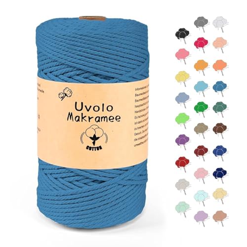 Uvolo 3mm x 200m Makramee Garn, Baumwollgarn, Macrame Kordel für Basteln, Pflanzenbügel-Blauer See von Uvolo