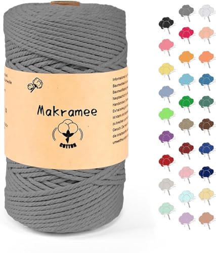 Uvolo 3mm x 200m Makramee Garn, Baumwollgarn, Macrame Kordel für Basteln, Pflanzenbügel-Grau von Uvolo