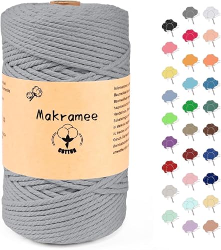 3mm x 200m Makramee Garn, Baumwollgarn, Macrame Kordel für Basteln, Pflanzenbügel-Hellgrau von Uvolo