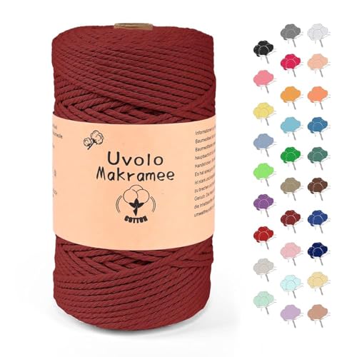 Uvolo 3mm x 200m Makramee Garn, Baumwollgarn, Macrame Kordel für Basteln, Pflanzenbügel-Rotwein von Uvolo