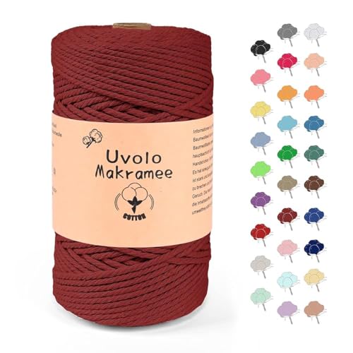 Uvolo 3mm x 200m Makramee Garn, Baumwollgarn, Macrame Kordel für Basteln, Pflanzenbügel-Rotwein von Uvolo