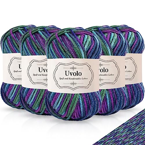 Uvolo Handstrickgarn Farbverlauf 250g Set (5 x 50g), 100% Acrylgarn in 40+ Farben, Häkelgarn Bunt Regenbogen, Mehrfarbiges Garn zum Stricken Häkeln und Bastel-22 Lila Blau Grün von Uvolo