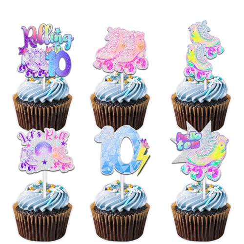 18 bunte Glitzer-Rollschuh-Cupcake-Topper für 80er-/90er-Jahre-Retro-Hip-Hop-Rollschuhlaufen, Rolle in 10 Themen-Dekorationen, für Jungen und Mädchen, Party-Dekorationen von Uwaikin