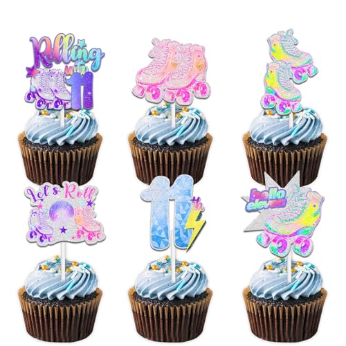18 bunte Glitzer-Rollschuh-Cupcake-Topper für 80er-/90er-Jahre-Retro-Hip-Hop-Rollschuhlaufen, Rolle in 10 Themen-Dekorationen, für Jungen und Mädchen, Party-Dekorationen von Uwaikin