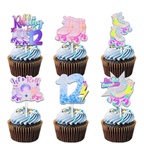 18 bunte Glitzer-Rollschuh-Cupcake-Topper für 80er-/90er-Jahre-Retro-Hip-Hop-Rollschuhlaufen, Rolle in 12 Themen-Dekorationen, für Jungen und Mädchen, Party-Dekorationen von Uwaikin