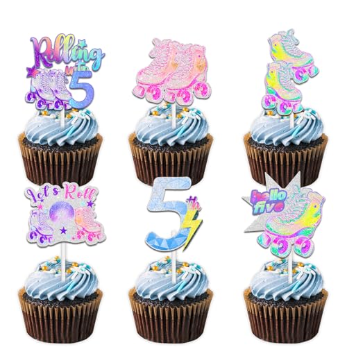18 bunte Glitzer-Rollschuh-Cupcake-Topper für 80er-/90er-Jahre-Retro-Hip-Hop-Rollschuhlaufen, Rolle in 5 Themen-Dekorationen, für Jungen und Mädchen, Happy 5th Birthday, Party-Dekorationen von Uwaikin