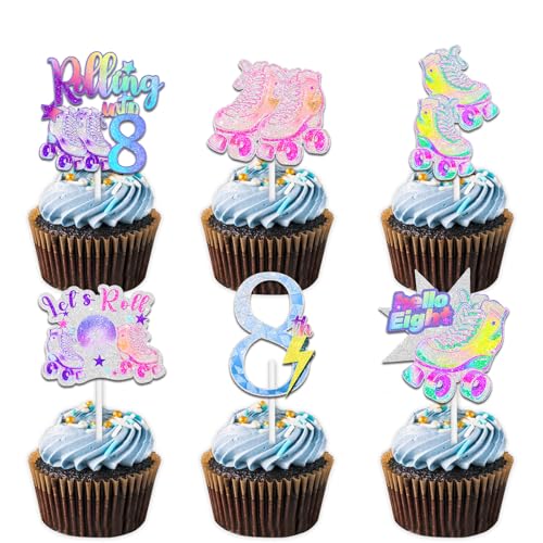18 bunte Glitzer-Rollschuh-Cupcake-Topper für 80er-/90er-Jahre-Retro-Hip-Hop-Rollschuhlaufroller, 8 Themen-Dekor-Zubehör, für Jungen und Mädchen, Party-Dekorationen von Uwaikin