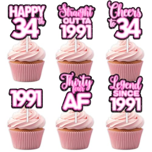 18 rosa glitzernde Dessert-Cupcake-Topper für Straight Outta 1991 Legend Since 1991 Themen-Dekor-Zubehör für Männer Happy 34th Birthday Party Dekorationen von Uwaikin
