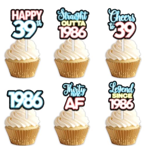18 x blaue Glitzer-Dessert-Cupcake-Topper für Straight Outta 1986 Legend Since 1986, Themen-Dekor-Zubehör, Herren, Happy 39th Birthday, Party-Dekorationen von Uwaikin