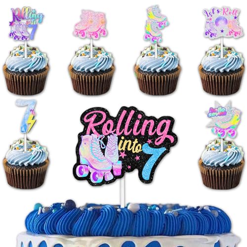 Glitzer-Rollschuhe, 12 Cupcake-Topper, 1 Kuchenaufsatz, für 80er-/90er-Jahre, Retro-Hip-Hop-Rollschuhlaufroller, Rollschuhlaufroller, für Jungen und Mädchen, Party-Dekorationen zum 7. Geburtstag, 18 von Uwaikin