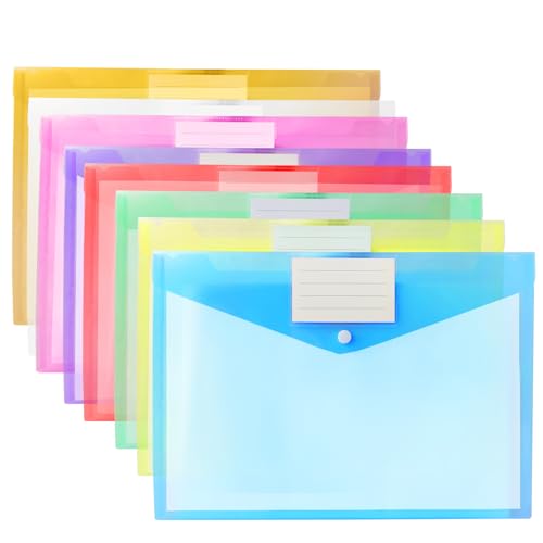Uwiyo Dokumententasche A4, 8 Stück Dokumentenmappe A4 Transparent Sammelmappen Tasche Brieftasche mit Druckknopf und Etikettentasche für Dokumenten Datei Papier von Uwiyo