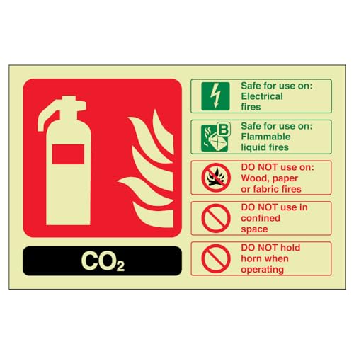 VSafety englisches Warnschild für Feuerlöscher, CO2-Kennzeichnung, leuchtet im Dunkeln, 150 x 100 mm, selbstklebendes Vinyl von V Safety