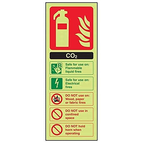 VSafety Feuerlöscher-Schild, im Dunkeln leuchtend, Kohlendioxid-/CO2-Kennzeichnung, 100 x 280 mm, selbstklebendes Vinyl von VSafety
