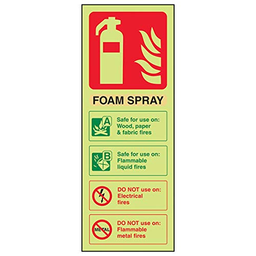 VSafety Feuerlöscher-Kennzeichnungsschild „Foam Spray“, „Not Electrical Safe“ leuchtet im Dunkeln, 75 x 200 mm, selbstklebendes Vinyl (in englischer Sprache) von V Safety