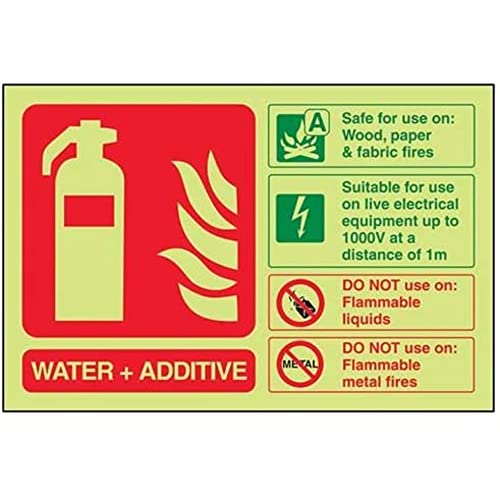 VSafety englisches „Water and Additive ID“-Schild, Leuchtendes Feuerlöscher-Schild, leuchtet im Dunkeln, 150 x 100 mm, selbstklebendes Vinyl von V Safety
