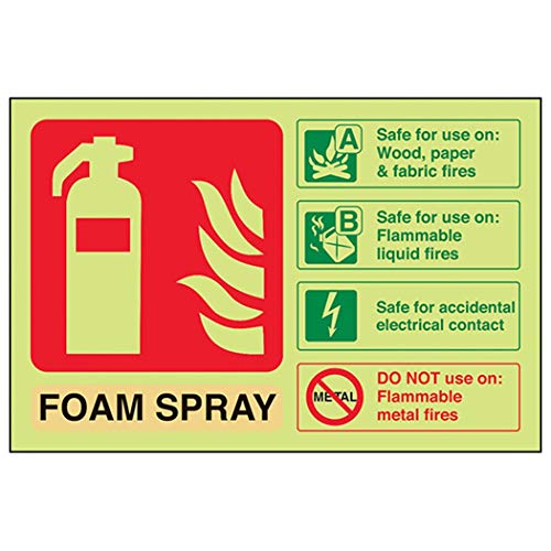 VSafety englisches leuchtendes Feuerlöscher-Schild „Foam Spray ID Safe For Electrical Contact“, leuchtet im Dunkeln, 150 x 100 mm, selbstklebendes Vinyl von VSafety