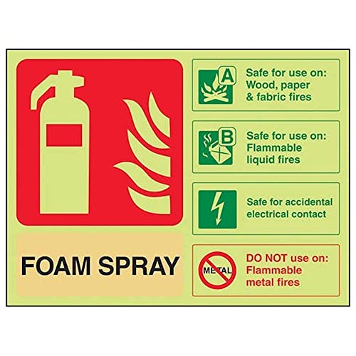 VSafety englisches leuchtendes Feuerlöscher-Schild „Foam Spray ID Safe For Electrical Contact“, leuchtet im Dunkeln, 200 x 150 mm, selbstklebendes Vinyl von V Safety