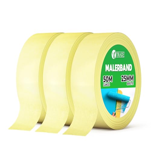V1 TRADE Kreppband 25 mm x 50 m - 3 Stück - Universal Malerkrepp Hilfreich beim Malen - Leicht Abnehmbar Abklebeband - Malerband Wasserdicht - Klebeband Gelb von V1 TRADE