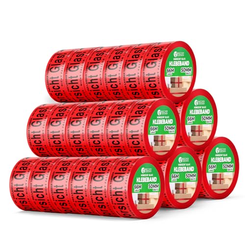 V1 TRADE Rotes Klebeband Vorsicht Glas 50mm x 66m (36 Stücke) - Paketklebeband - Vorsicht Glas Paketband - Rot Packband für Zerbrechtliches Paket - Packing Tape Weithin Sichtbar - Packetband von V1 TRADE
