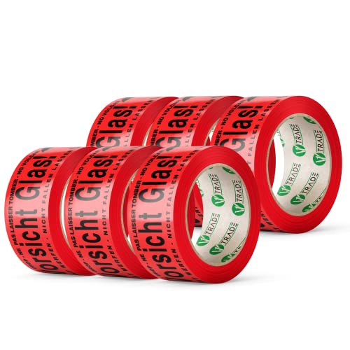 V1 TRADE Rotes Klebeband Vorsicht Glas 50mm x 66m (6 Stücke) - Paketklebeband - Vorsicht Glas Paketband - Rot Packband für Zerbrechtliches Paket - Packing Tape Weithin Sichtbar - Packetband von V1 TRADE