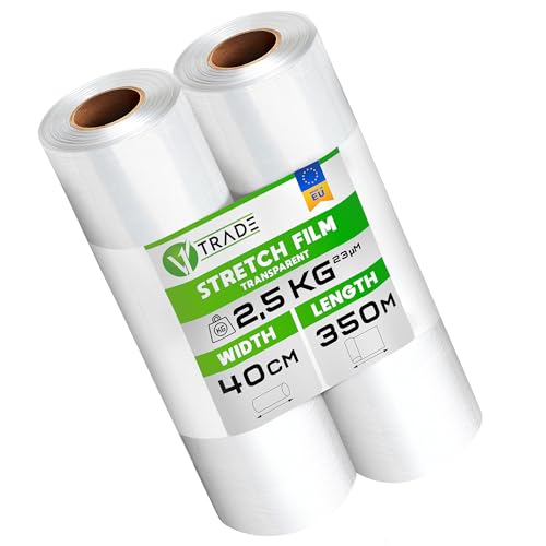 V1 TRADE 2x Stretchfolie Transparent - Folie für Möbel - Hand Umzugfolie 350m x 40 cm - Stretchfolienrolle Transparentfolie 23my - Verpackungsfolie auf Rolle - Wickelfolie - Umzugsfolie Dehnung 250% von V1 TRADE