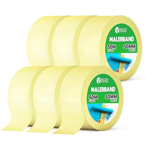 V1 TRADE Kreppband 50 mm x 50 m - 6 Stück - Universal Malerkrepp Hilfreich beim Malen - Leicht Abnehmbar Abklebeband - Malerband Wasserdicht - Klebeband Gelb von V1 TRADE