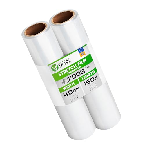 V1 Trade 2x Stretchfolie Transparent - Folie für Möbel - Hand Umzugfolie 150m x 40 cm - Stretchfolienrolle Transparentfolie 23my - Verpackungsfolie auf Rolle - Wickelfolie - Umzugsfolie Dehnung 250% von V1 TRADE