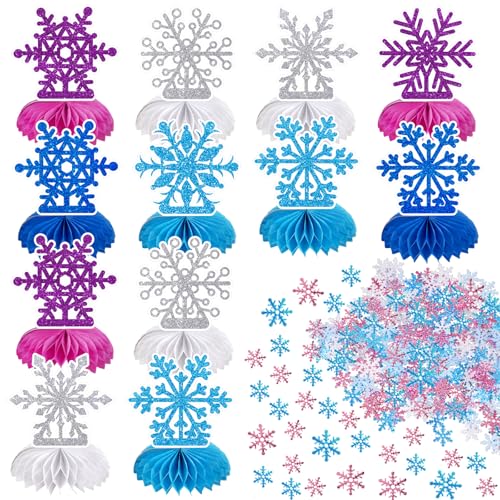 Party-Dekorationen aus Eiskönigin – 12 Stück, blau, lila, silber, Schneeflocken, Waben, Tischaufsätze und 600 Schneeflocken-Konfetti für Weihnachten, Winter, Geburtstag, Babyparty, Partyzubehör Party-Dekorationen aus Eiskönigin – 12 Stück, blau, lila, silber, Schneeflocken, Waben, Tischaufsätze und 600 Schneeflocken-Konfetti für Weihnachten, Winter, Geburtstag, Babyparty, Partyzubehör von VABAMNA
