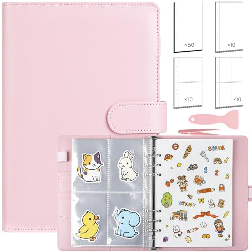 Wiederverwendbares Stickerbuch zum Sammeln, A5, Ordner, Aufkleber, Aufbewahrung, Organisieren für Erwachsene und Kinder, mit leerem Trennpapier und Klarsichthülle, Ledereinband mit Magnetverschluss von VACONICO