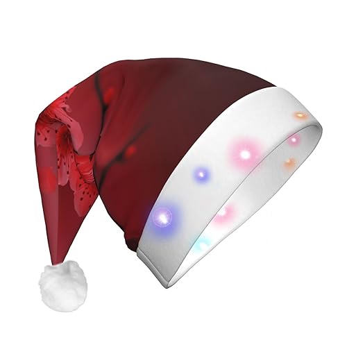 VACSAX Weihnachtsmütze mit rotem Kirschblütenaufdruck, LED-Beleuchtung, Plüsch, Weihnachtsmannmütze, lustig, Unisex von VACSAX