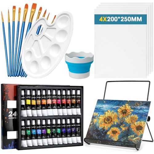 Acrylfarben Set, Malset, Acrylic Paint Set mit 18 Farben Acrylfarbe, 4 Leinwände, Klappbare Staffelei, 8 Pinsel und farbpalette für Holz Papier Keramik von VAIAV