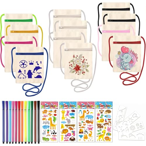 12 Stück Bastelset Kinder Stoffbeutel - 17 x 13 cm Blank Stofftaschen zum Bemalen Taschen Bemalen Lustige Geschenke, mit 12 Farbe Stiften und 4 Malschablonen, Stofftaschen für Kindergeburtstag Party von VAIGU:OA