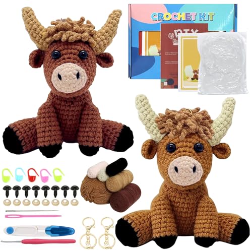 Komplettes Häkelset für Anfänger - Tiere Häkelset, 2 Stück Hochlandrind Strickset für Erwachsene Kinder, Stricken Set für Geschenk Crochet Kit mit Video, Anleitung Häkelnadel Garn DIY Häkel Zubehör von VAIGU:OA