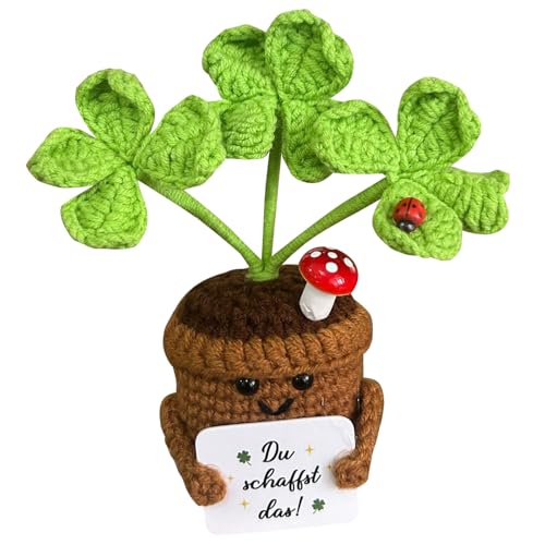 Pocket Hug Positive Pflanze - Vierblättriges Häkel Blumentopf Puppen, Glücksbringer Prüfung, Mutmacher Geschenk Einschulung Glücksbringer Schulanfang, Gute Besserung Geschenke, Danke Geschenk Lehrerin von VAIGU:OA