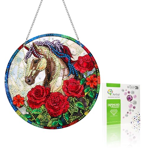 VAIIEYO 5D DIY Diamond Painting Anhänger Pferd, Rose Tier Diamant Painting Bilder Malerei Kits mit Kett, Diamant Home Wand Decor Gemälde Diamond Dekoration, Veranda Fenster Wandbehang von VAIIEYO