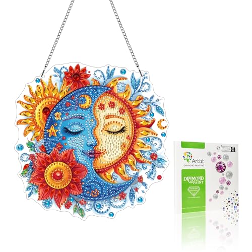 VAIIEYO 5D DIY Diamond Painting Anhänger Sonne,Mond Diamant Painting Bilder Malerei Kits mit Kett, Diamant Home Wand Decor Gemälde Diamond Dekoration, Veranda Fenster Wandbehang A5 von VAIIEYO