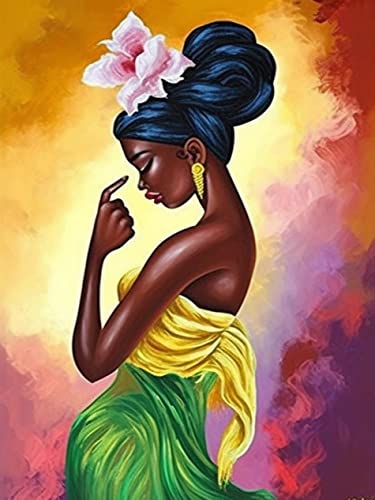 VAIIEYO 5D Diamant Malerei Kit DIY Afrikanische Frau mit Langen Haaren, Malen mit Diamanten, gelber Rock, rosafarbener Schal, voller Bohrer, runder Strass, Handwerk, Leinwand für Zuhause, Geschenk von VAIIEYO